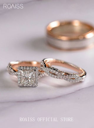 3PCS Zircon Ring Set Rhinestone Crystal Promise Engagement Eternity Rings Eternity Finger Jewelry Wedding Gift Decorative Ring for Couples Men Women Teen Girls Rose Gold - view 2